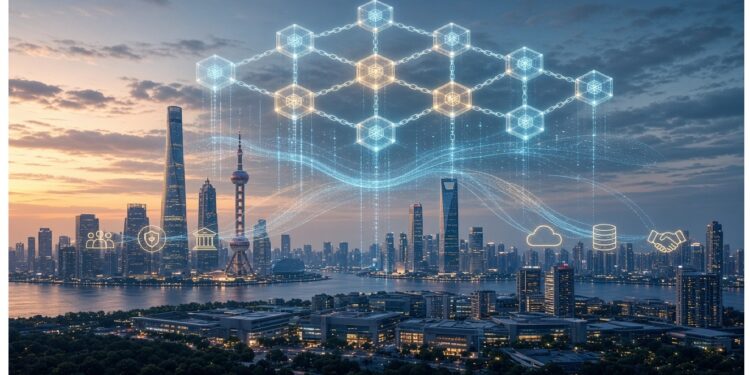 Ciudad moderna al atardecer con rascacielos y río, sobre la que se superpone una red de cubos luminosos e íconos tecnológicos como nube, escudo, base de datos y engranajes, evocando infraestructura digital y conectividad urbana.