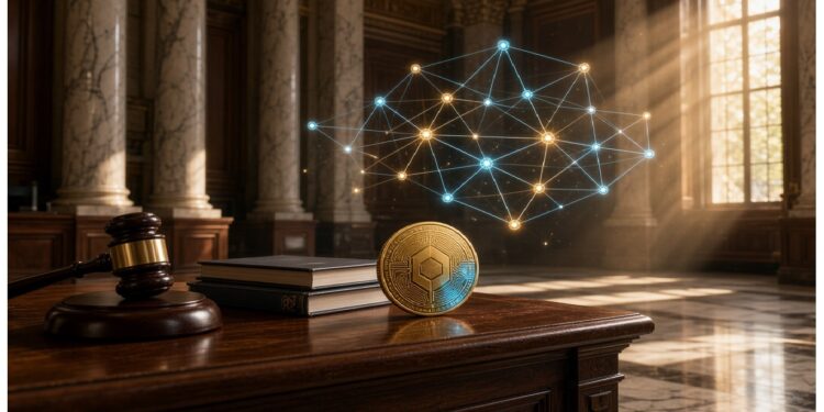 Sala de tribunal con columnas y luz natural; en el estrado, mazo, libros y moneda dorada con circuito, sobre la que flota red holográfica de nodos que evoca cripto y regulación digital.