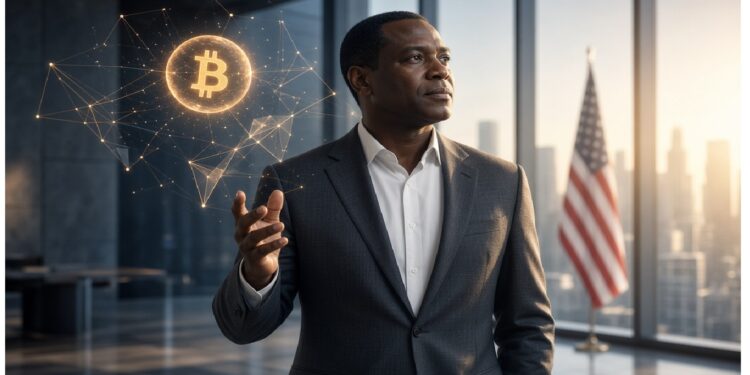 Persona en traje en oficina con ventanales hacia la ciudad, levantando la mano hacia un símbolo Bitcoin luminoso rodeado de nodos digitales, con bandera estadounidense al fondo.