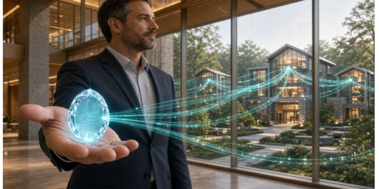Persona de traje en interior moderno con ventanales hacia casas contemporáneas, sosteniendo holograma de huella digital con líneas que se proyectan hacia el exterior evocando identidad y conectividad segura.