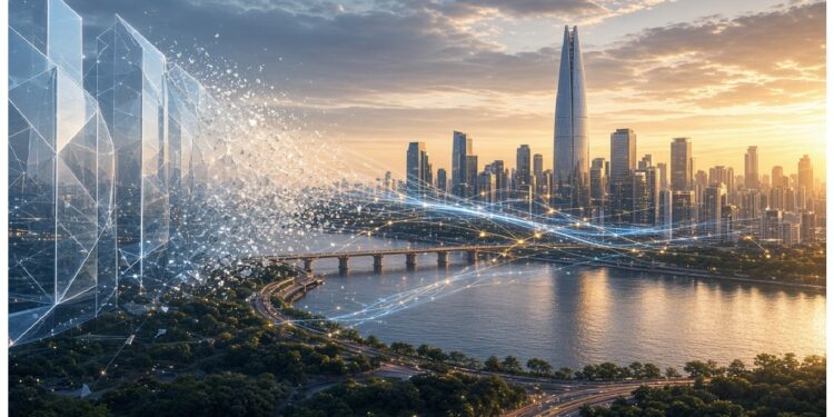 Ciudad futurista al atardecer con rascacielos y río, puente iluminado y áreas verdes en primer plano, sobre las que flotan líneas y estructuras holográficas que evocan conectividad y desarrollo de ciudad inteligente.