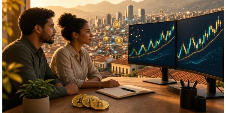 Dos personas frente a monitores con gráficos ascendentes y símbolos Bitcoin flotando, mientras tres monedas físicas, libreta y café descansan sobre el escritorio con ciudad al atardecer al fondo.