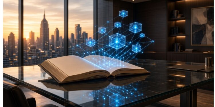 Libro abierto sobre mesa de vidrio en oficina con ventanales al atardecer, del que surge holograma azul de cubos conectados que evoca redes de datos y tecnología emergente.