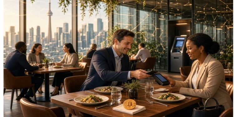 Mesa de restaurante moderno con dos personas en traje intercambiando una tablet; platos y vaso de agua junto a adorno con símbolo Bitcoin, con skyline urbano visible por ventanales.