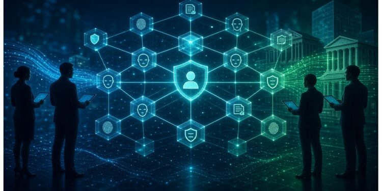 Red digital con nodos hexagonales y escudo central de identidad, frente a siluetas con portátiles y edificios abstractos en tonos azul y verde que evocan ciberseguridad y protección de datos.