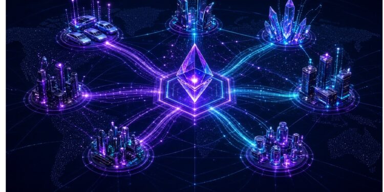 Nodo central con símbolo de Ethereum conecta seis centros urbanos futuristas mediante flujos luminosos, representando una red blockchain distribuida y descentralizada.