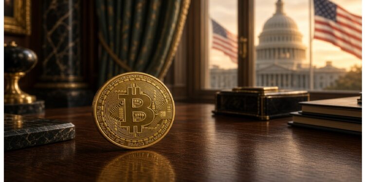 Moneda Bitcoin dorada de pie sobre escritorio de madera en oficina elegante, con el Capitolio y dos banderas estadounidenses visibles a través de la ventana.