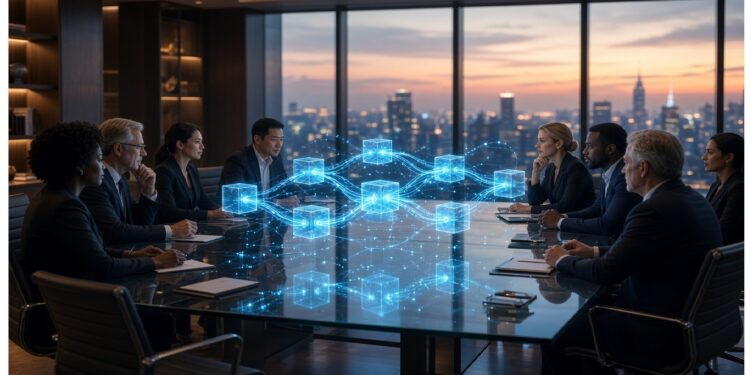 Reunión corporativa al atardecer con profesionales alrededor de mesa amplia mientras holograma de cubos luminosos aparece en el centro, evocando red digital o tecnología blockchain.