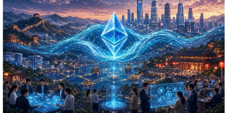 Ciudad futurista con arquitectura asiática bajo cielo colorido, dominada por símbolo luminoso de Ethereum rodeado de ondas digitales, mientras grupos interactúan con pantallas holográficas.
