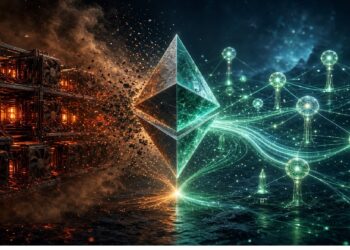 Figura geométrica luminosa del logo de Ethereum en el centro, con estructuras metálicas y chispas a la izquierda y red de nodos verdes y azules a la derecha que evocan minería y conectividad blockchain.