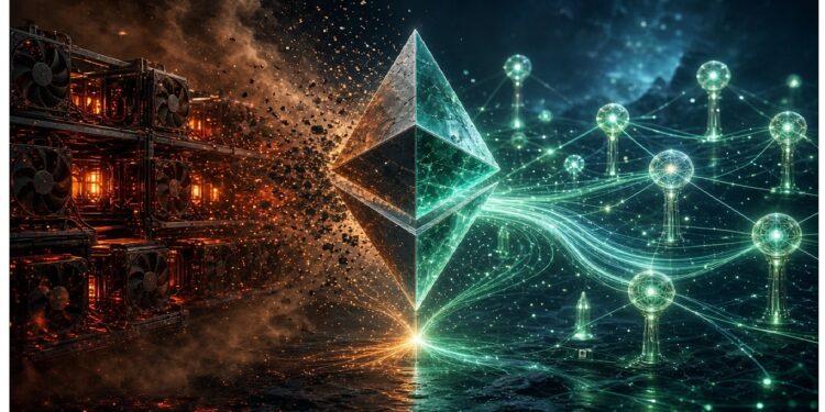 Figura geométrica luminosa del logo de Ethereum en el centro, con estructuras metálicas y chispas a la izquierda y red de nodos verdes y azules a la derecha que evocan minería y conectividad blockchain.