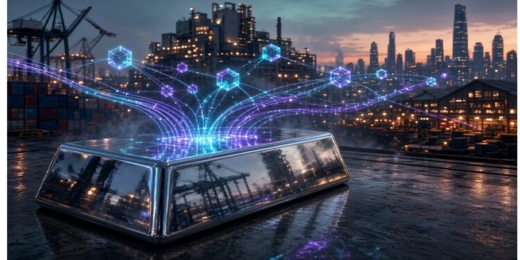 Plataforma metálica sobre superficie mojada de zona industrial, de la que emergen líneas y cubos luminosos formando red digital frente a puerto con grúas y edificios al atardecer.
