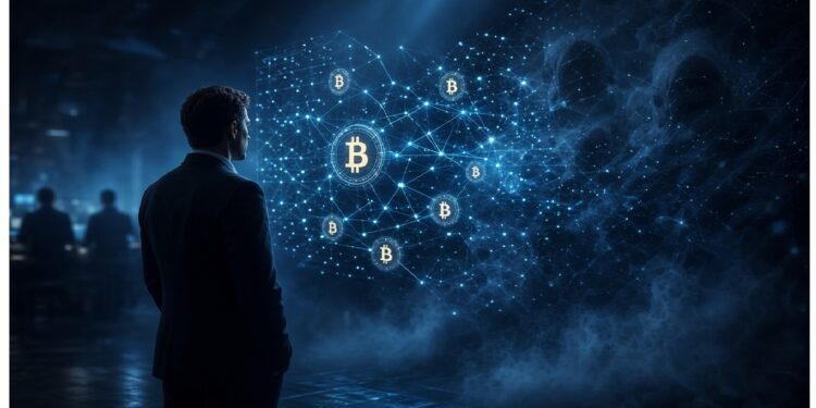 Persona de traje frente a panel holográfico azul con nodos y símbolos dorados de Bitcoin, en ambiente futurista con neblina que evoca blockchain y finanzas digitales.