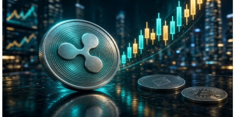 Monedas de criptomonedas sobre superficie reflectante con XRP en primer plano, acompañadas de Bitcoin y Ethereum, mientras gráfico luminoso ascendente se eleva frente a skyline urbano.