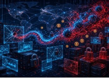 Red digital con pantallas, servidores y candados, atravesada por flujo energético rojo‑azul y símbolos de Bitcoin, sobre mapa mundial que evoca ciberataques y vulnerabilidad en criptomonedas.