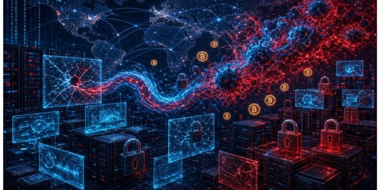 Red digital con pantallas, servidores y candados, atravesada por flujo energético rojo‑azul y símbolos de Bitcoin, sobre mapa mundial que evoca ciberataques y vulnerabilidad en criptomonedas.