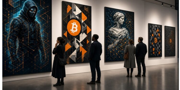Galería con cuatro pinturas digitales en tonos oscuros y naranja, incluyendo figura encapuchada, estatua estilizada y composiciones con logotipo de Bitcoin, mientras visitantes observan las obras.