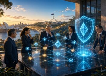 Cinco profesionales alrededor de mesa de vidrio con holograma azul de nodos y escudo con símbolo de Ethereum, frente a ciudad y la Ópera de Sídney al fondo.