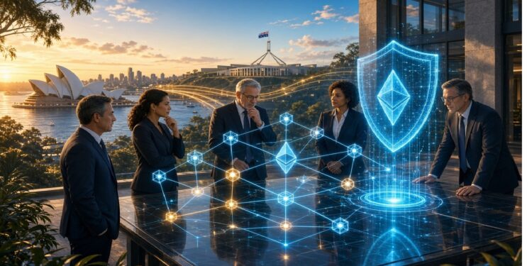 Cinco profesionales alrededor de mesa de vidrio con holograma azul de nodos y escudo con símbolo de Ethereum, frente a ciudad y la Ópera de Sídney al fondo.