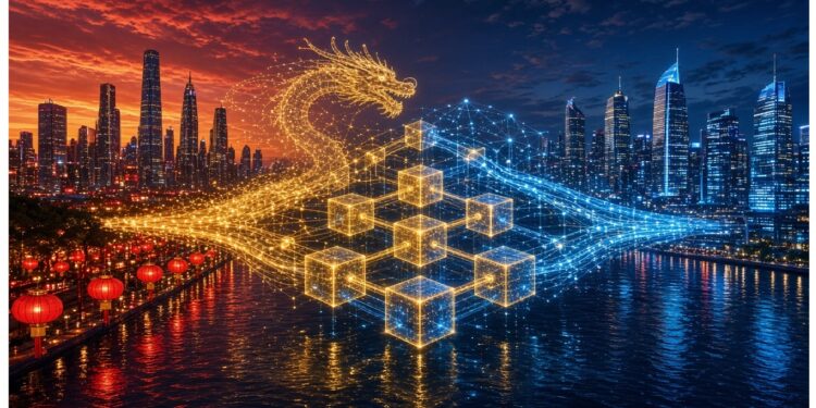 Dragón digital dorado emergiendo sobre agua frente a cubos luminosos azules, con ciudad futurista al atardecer y faroles rojos en la orilla.