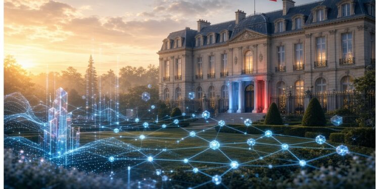 Edificio neoclásico francés con bandera nacional y luces tricolores en la entrada, cubierto por líneas y nodos digitales azules que evocan conectividad y transformación tecnológica institucional.