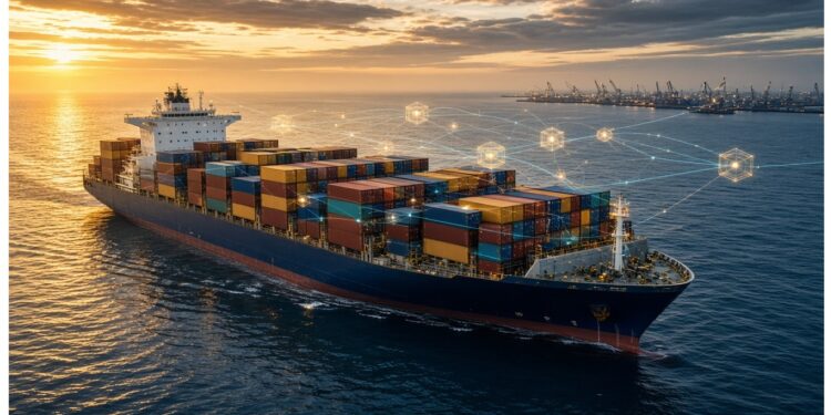 Buque portacontenedores navegando al atardecer hacia un puerto con grúas, mientras varios contenedores muestran conexiones digitales luminosas que evocan seguimiento y logística inteligente.