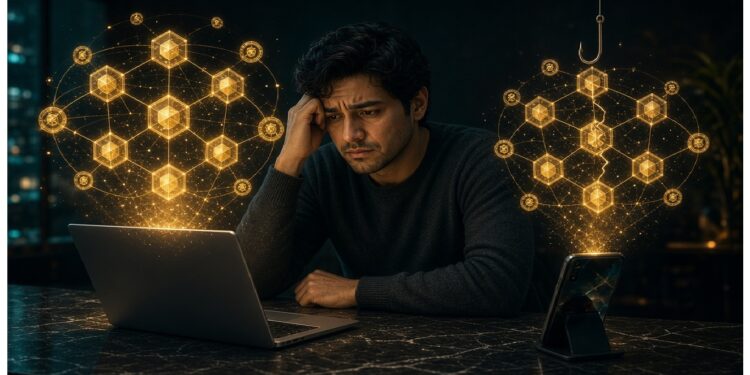 Persona frente a laptop y smartphone sobre mesa oscura, rodeados de hologramas dorados hexagonales mientras un anzuelo desciende hacia el móvil, evocando riesgo de phishing digital.