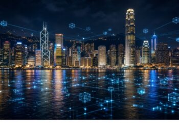 Ciudad nocturna con rascacielos iluminados reflejados en el agua, cubierta por gráficos digitales de nodos y bloques conectados que evocan conectividad urbana y tecnología blockchain.