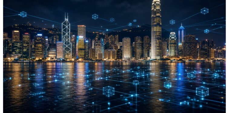 Ciudad nocturna con rascacielos iluminados reflejados en el agua, cubierta por gráficos digitales de nodos y bloques conectados que evocan conectividad urbana y tecnología blockchain.