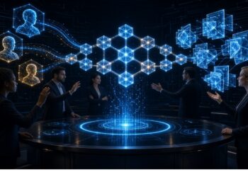 Profesionales alrededor de mesa circular con holograma azul de nodos hexagonales que conecta perfiles humanos y bloques de datos en entorno oscuro con iluminación futurista.