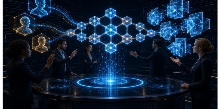 Profesionales alrededor de mesa circular con holograma azul de nodos hexagonales que conecta perfiles humanos y bloques de datos en entorno oscuro con iluminación futurista.