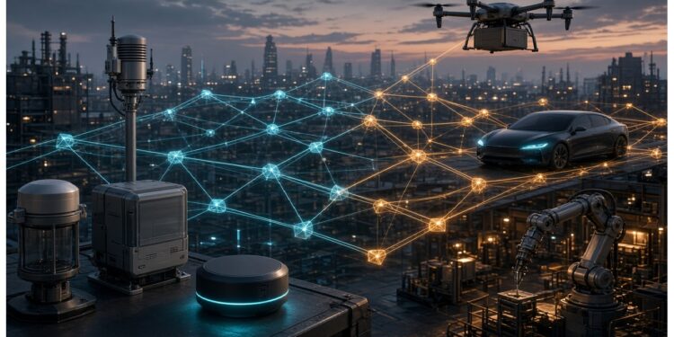 Escena industrial futurista al atardecer con brazos robóticos, dron y auto autónomo, frente a red luminosa de nodos azules y naranjas que representa conectividad y sistemas inteligentes.