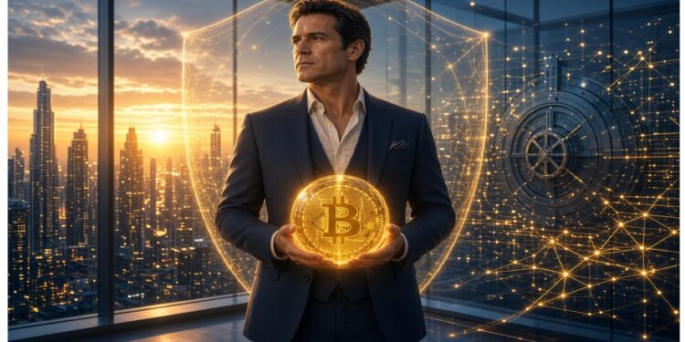 Persona con traje en oficina elevada al atardecer sostiene símbolo dorado de Bitcoin rodeado de patrones digitales, con gran puerta de bóveda y holograma protector brillando detrás.