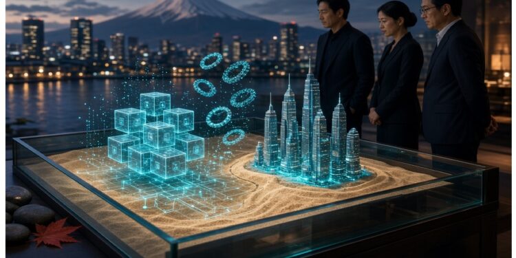 Tres personas alrededor de mesa de vidrio con holograma de ciudad futurista y cubos luminosos, frente a ventanal con skyline y monte nevado al atardecer.