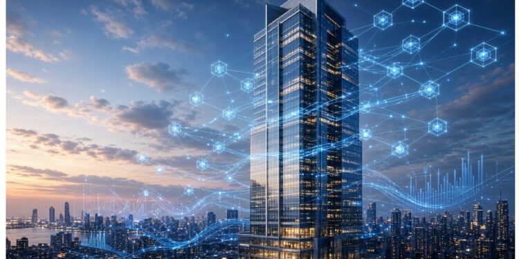 Rascacielos moderno al atardecer rodeado de ciudad, con líneas azules, nodos hexagonales y ondas digitales superpuestas que evocan conectividad y desarrollo de infraestructura inteligente.