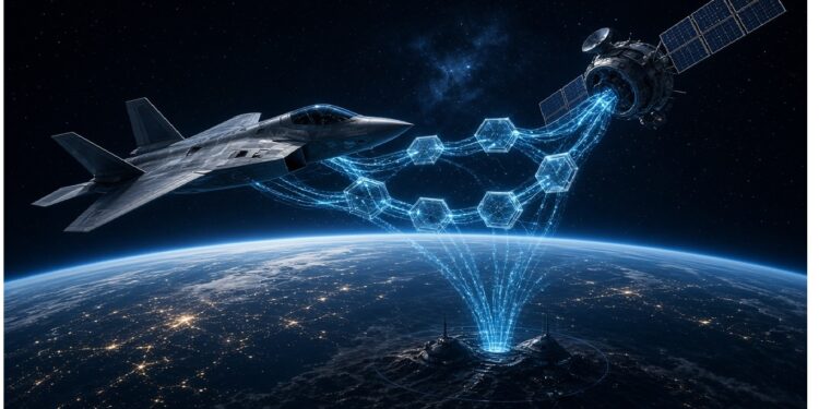 Satélite y avión sobre la Tierra nocturna conectados por red digital azul con patrones hexagonales, evocando comunicación avanzada y transmisión de datos en entorno aeroespacial.