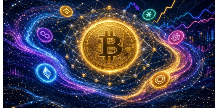 Símbolo dorado de Bitcoin rodeado de líneas y nodos brillantes junto a logos de Ethereum, Binance Coin y Solana entre remolinos de luz, con gráficos difusos de mercado al fondo.