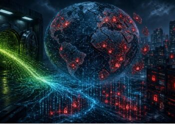 Globo digital agrietado suspendido sobre ciudad nocturna, cubierto de candados rojos y circuitos, mientras flujos verdes‑azules salen de estructura tipo bóveda, evocando seguridad y ataque cibernético global.
