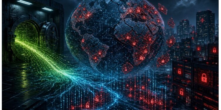 Globo digital agrietado suspendido sobre ciudad nocturna, cubierto de candados rojos y circuitos, mientras flujos verdes‑azules salen de estructura tipo bóveda, evocando seguridad y ataque cibernético global.