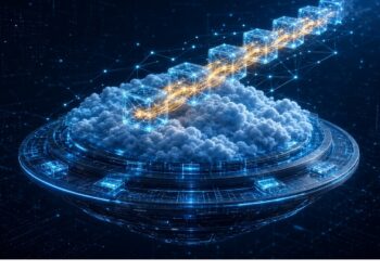 Estructura circular metálica iluminada con nube brillante al centro, de la cual emerge cadena de cubos azules y dorados conectados, rodeada de líneas y nodos digitales en fondo oscuro.