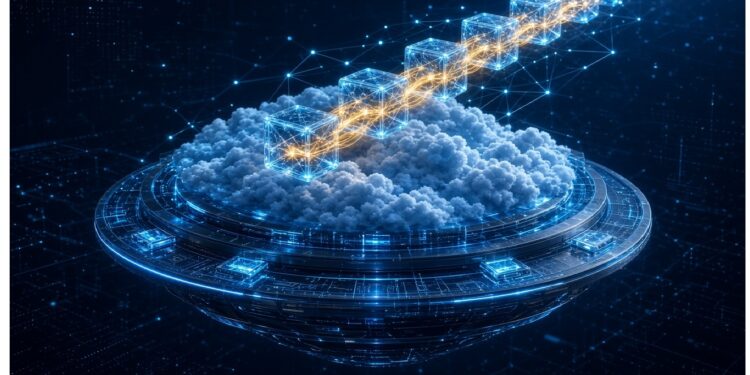 Estructura circular metálica iluminada con nube brillante al centro, de la cual emerge cadena de cubos azules y dorados conectados, rodeada de líneas y nodos digitales en fondo oscuro.