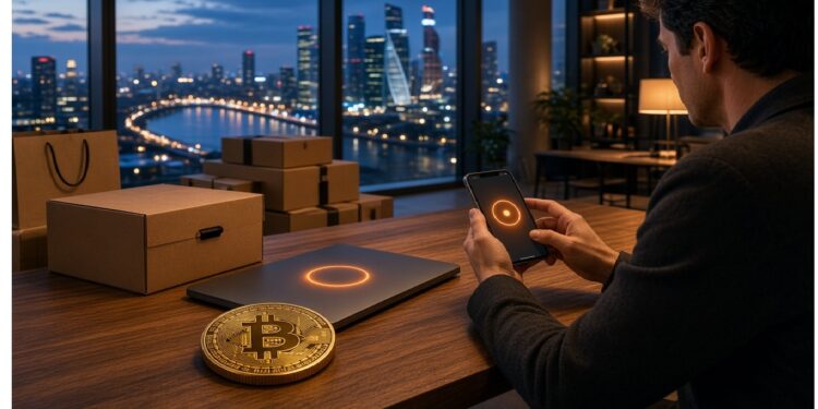 Persona en oficina alta al atardecer con cajas sobre escritorio, junto a laptop y móvil con símbolo luminoso y gran moneda Bitcoin en primer plano.