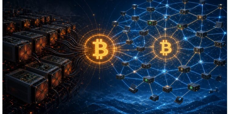 Servidores y nodos digitales forman símbolos de Bitcoin en un entorno azul con rejilla tecnológica, evocando minería cripto y red blockchain descentralizada.