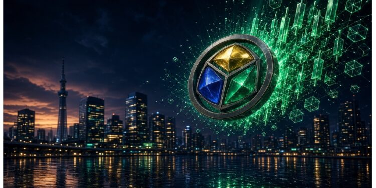 Moneda metálica flotando sobre ciudad nocturna reflejada en el agua, emitiendo patrones verdes y hexágonos; diseño triangular azul, verde y dorado en su superficie.