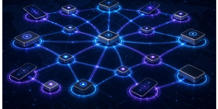 Red descentralizada de dispositivos y nodos digitales conectados a un núcleo central mediante enlaces luminosos azules y púrpuras que representan intercambio seguro de datos.