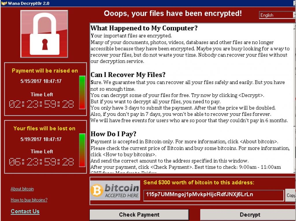 Nota de rescate del ransomware WannaCry