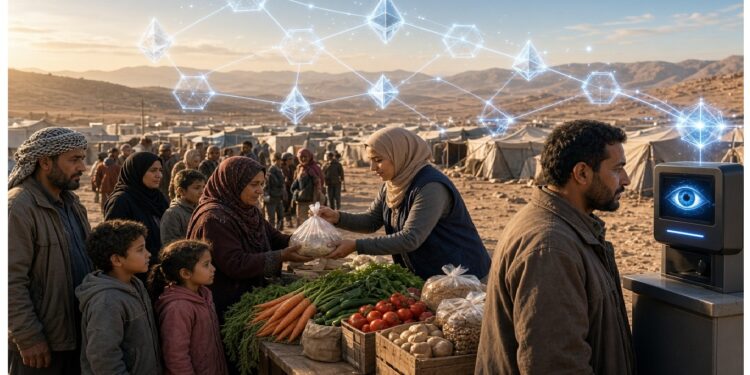 Personas reciben alimentos frescos en campamento con tiendas en zona árida, mientras gráficos de nodos digitales y un dispositivo con luz azul flotan sobre la escena evocando verificación tecnológica en ayuda humanitaria.