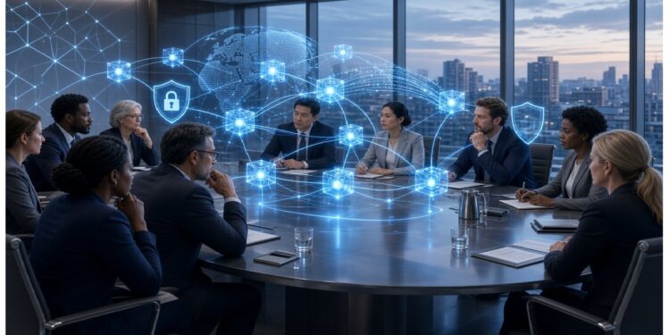 Mesa de oficina con laptop y gráficos impresos, sobre la que se proyecta holograma de red neuronal azul‑verde con nodos conectados, frente a ventanales con ciudad al atardecer.