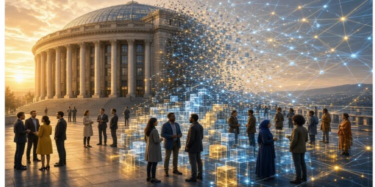 Edificio neoclásico con columnas y cúpula bajo bandera de la UE, frente a plaza con personas, mientras cubos y líneas digitales brillantes ocupan el lado derecho evocando transformación tecnológica.