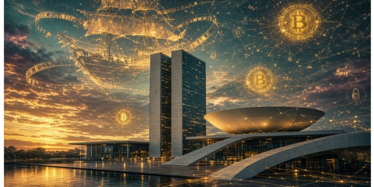 Congreso de Brasil al atardecer con reflejos dorados, sobre el cual flotan símbolos Bitcoin y silueta luminosa de barco formada por líneas y nodos digitales.